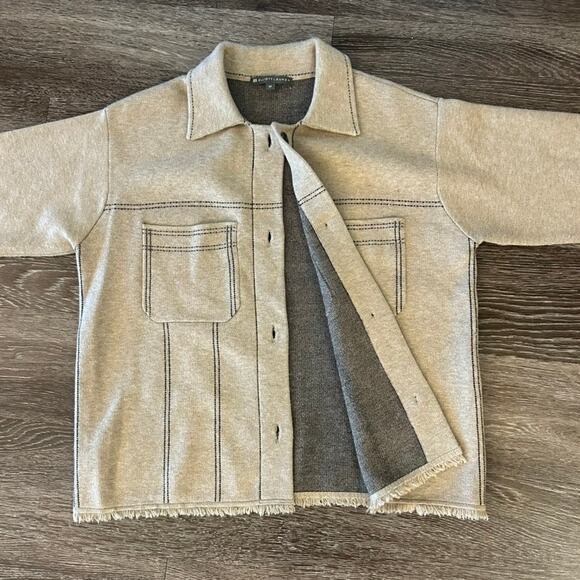 EUC Elliott Lauren Beige Top Stitch Button Front Sweater Jacket Sz M Fringe Hem - Picture 6 of 16